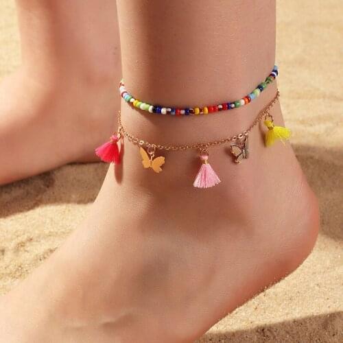 2021 Bohemia Colorful Beaded Charm Anklet Cotton Tassel Metal Butterfly Pendant Ankle Anklet Summer Beach Foot Jewelry For Women