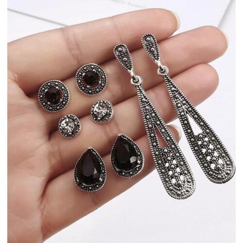 4 Pairs/set Bohemia Stud Earrings Water Drop Crystal Aretes Antique Earrings Set Brincos Ear Jewelry Vintage Oorbellen