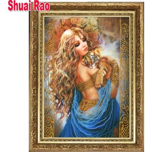 5D DIY Diamond Painting Abstract girl And Tiger Cub Cross Stitch Diamond Embroidery Full Square Round diamond mosaic woman Decor