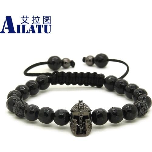 Ailatu 8mm Faceted Black Onyx Beads with Micro Paved Zircons Balls Helmet Spartan Braided Mens Cz Bracelet Pulseira Hombres