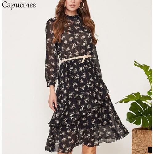 Capucines Sexy Perspective Chiffon Dress Women Boho Floral Printed Ruffles Autumn Chic Stand Collar Bottom Midi Dresses