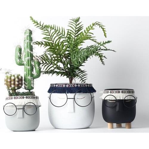 Nordic Style Flower Pot with Glasses Ceramic Human Face Vase Bonsai Succulent Plant Pot Desktop Ornaments Home Decorative