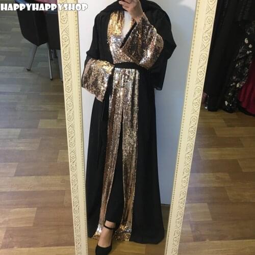 Dubai Style Kimono Sleeve Cardigan Sequins Long Coat Muslim Islamic Women Open Front Abaya Kaftan Turkish Belted Robe Arab Dress