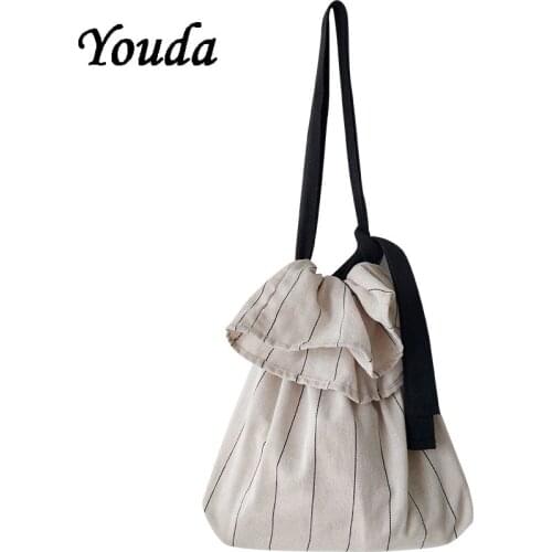 Womens Canvas Shoulder Bag Literary Striped Handbag Fashion Large Capacity Reusable Shopping Bag Versatile Simple Messenger Bag