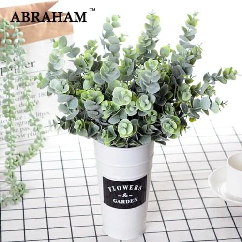35cm 25 Heads Artificial Tropical Eucalyptus Leaves Flocking Plant Fake Plastic Leafs Tree Branch Succulents Bouquet Home Decor