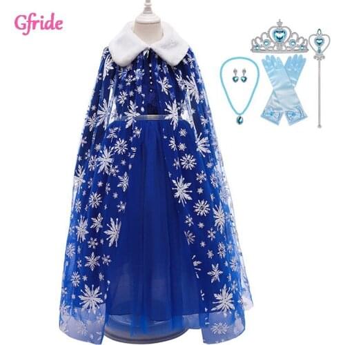 Girls Snow Queen Costume Kids Cinderella Star Long Sleeve Dress Grown Wands Gloves Halloween Holiday Party Dresses Blue Winter