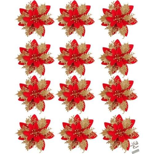 Red Poinsettia Artificial Christmas Flowers Christmas Tree Ornaments for Xmas Wedding Party Wreath Decor,12Pcs,5.5In