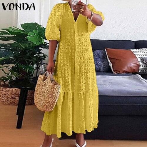 Summer Shirt Dress Women Casual Half Sleeve V Neck Button Down Party Pleated Long Dresses VONDA 2021 Bohemian Vestidos Femme