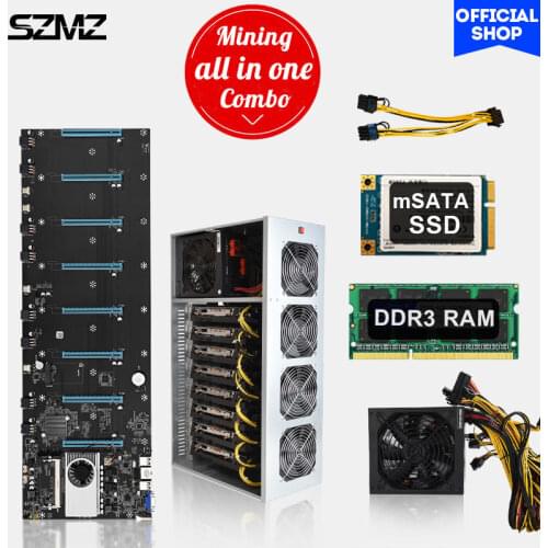 SZMZ 8 Gpu Mining Motherboard with CPU and SSD 128GB DDR3 + 8GB RAM + Chassis + power supply 1850W Kit Mining crypto ETH Set