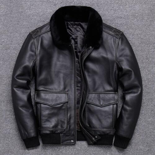 Mens Autumn / Winter Genuine Cowhide Leather Jacket Pilot Uniform Cowhide Leather Jacket Motorcycle Slim Leather Jacket Coat