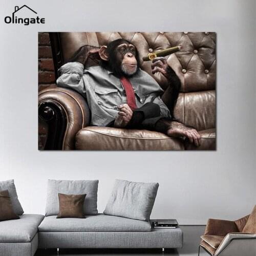Male Chimpanzee In A Suit Smoking Poster Canvas Painting Funny Animals Print Wall Art Pictures for Living Room Home Decoration