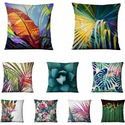 Tropical Palm Leaf Printed Pillowcase Dark Green Thin Linen Cushion Decorative Pillow Home Decor Outdoor Sofa Throw Pillow 45*45