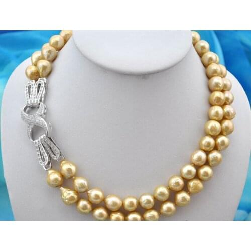 Rare 2row 18-19" 12mm gold almost pearl necklace