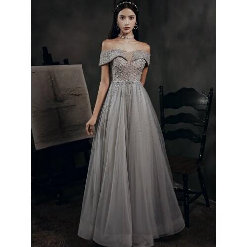 Beading Prom Dresses Long 2020 V Neck Light Gray High Split Tulle Sleeveless Evening Gown A-Line Backless Vestido De