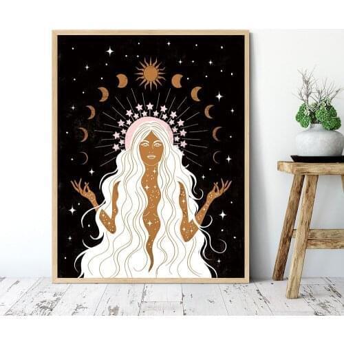 Nordic Summer Solstice Art Drawing Posters and Prints Celestial Stars Moon Magical Sun Wall Pictures for Living Room Home Decor