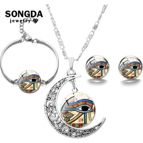 SONGDA Ancient Egyptian Eye of Horus Cat Goddess Moon Necklaces Jewelry Set Totem Convex Round Glass Pendant Best Friends Gifts