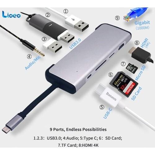 Gigabit Type C 3.0 HUB to HDMI 3.5mm Audio RJ45 Ethernet Adapter USB With Type C PD SD TF Card Reader Hub For Macbook usb hub