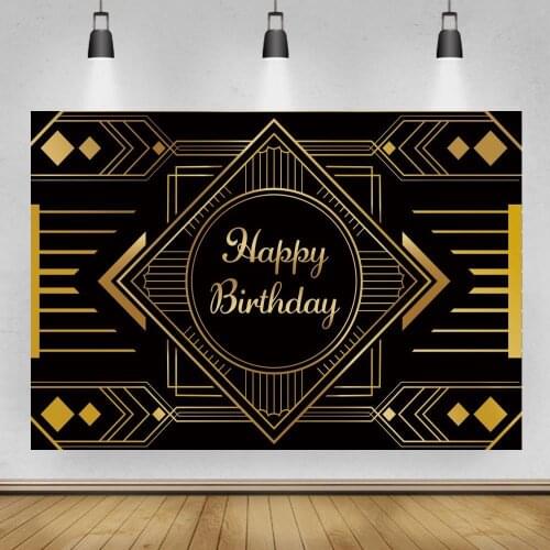 Gatsby Pattern Happy Birthday Backdrop Photography Black Golden Customize Adult Birthday Party Wine Table Decor Background Vinyl