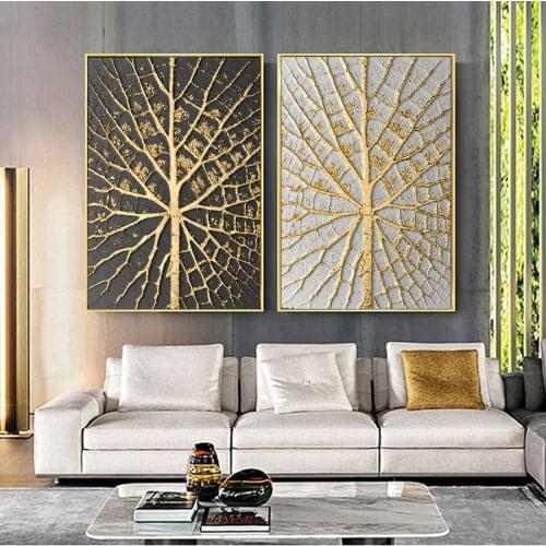 Vintage Posters Gold Leaf Painting Prints Abstract Wall Art Nordic Plants Canvas Oil Large Picture for Living Room Kitchen Decor