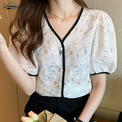 2021 Summer Trumpet Sleeve Temperament Blouse Women Fashion Flower Embroidery Shirt Lady Lace O-Neck All-match Top Blusa 15472