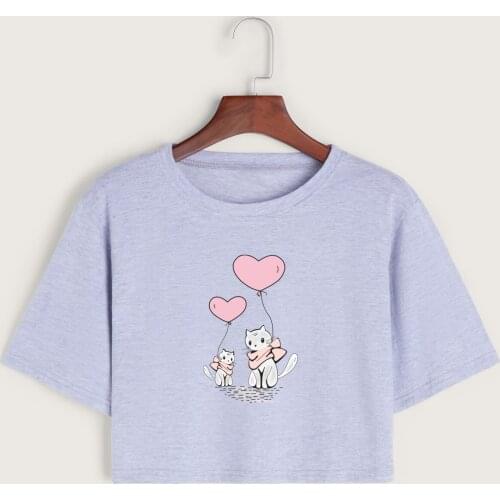 Cute Mama Baby Cat Womens Crop Shirt Cropped T-Shirt Crop Top Tee Summer Short Sleeve Cotton Tops Female Girls Graphic T-Shirts