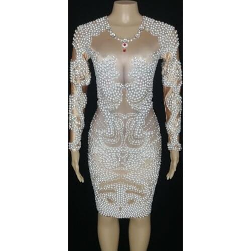 Women Birthday Prom Evening Party Rhinestones White Pearl Bring Dress Bar Singer Stage Performance Costume Crystals Outfits