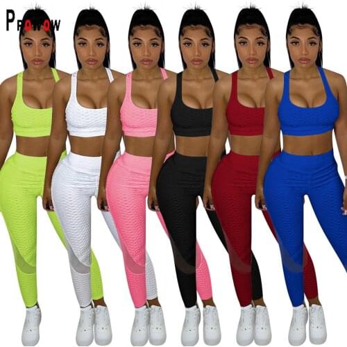Prowow Women Fitness Outfits Corset Tops Skinny Pant Two Piece Matching Suits Bodycon Summer Casual Joggers Sportswear Tracksuit