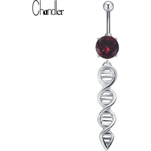 Gene DNA Dangle Navel Belly Button Ring Red Round Crystal Plated Barbell 316L Medical Steel Piercing Body Jewelry For Wome