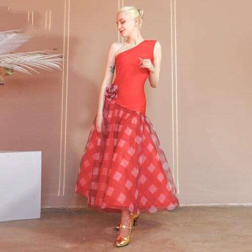 Red Off-Shoulder Ballroom Dance Dress Modern Dancing Professional Competition Costume For Women Waltz Performance Clothing 3788