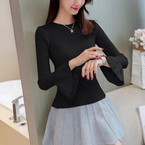 2018 Autumn Style Cotton Womens T-shirt Solid Basis Tops Flare Sleeve Womens Shirts Sweet Casual Tee Shirt Fashion Clothing