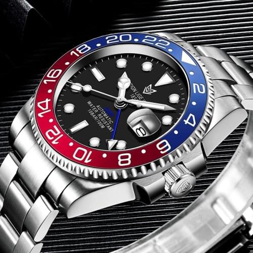 2021 LIGE Men GMT Automatic Mechanical Watch Ceramic Bezel 316L Stainless Steel 100ATM Waterproof Clock Sapphire Glass Watches