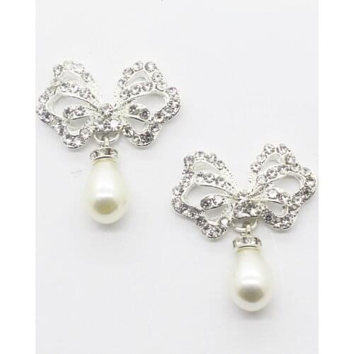 5Pcs/Lot 30*37mm Silver Alloy Bow Hanging Pearls Sewing Brooch DIY For Clothing, Wedding Decoration Craft Supplies