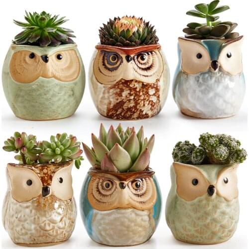 2.5Inch Owl Pot Ceramic Flowing Glaze Base Set Succulent Pots Cactus Plant Pot Flower Pots Container Planter Gift Idea 6 In Set