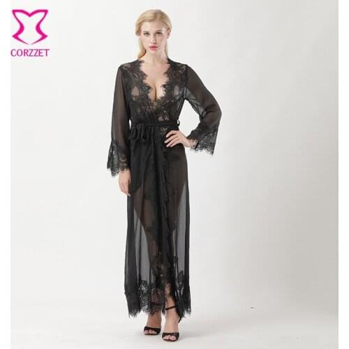 Corzzet Black Lace Long Sleeve Deep V Nightgown Sleepwear Sexy Lingerie Dress Underwear Woman Bathrobe Pajamas