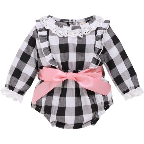 Baby Newborn Girl Romper Lace Jumpsuit Round Collar Plaid Printed Long Sleeve Infant Toddler Rompers Baby Clothing 0-18M
