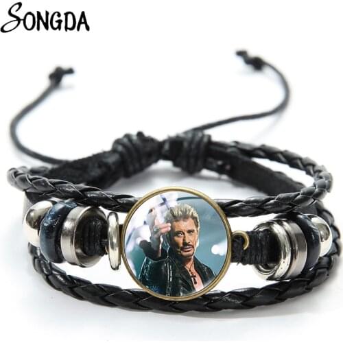 Johnny Hallyday Leather Bracelet Men Rock Singer Art Glass Picture Printed Multilayer Woven Bracelets Wristband for Fans