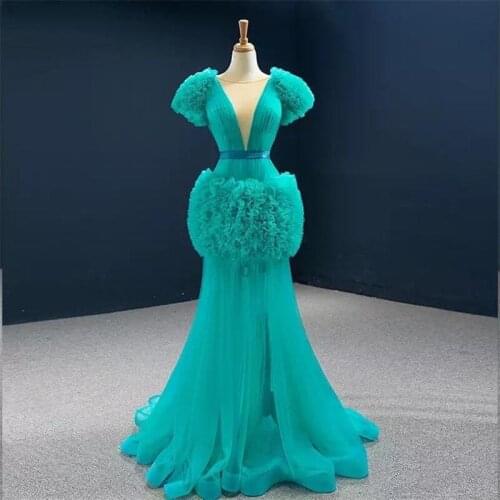 Elegant Prom Dresses Deep V Neck Ruffles Short Sleeves Lace Up Evening Dress Custom Made Floor Length Party Gown