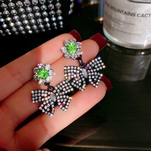 Exknl 2021 Bows Flower Drop Earrings Women Wedding Crystal Black Fashion Dangle Vintage Earrings for Christmas Gifts Jewelry