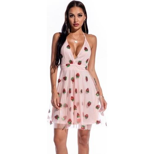Strawberry Sequin Backless Short Party Dress for Women Pink Halter Sexy V Neck Summer Sleeveless A Line Junior Dress Knee Length
