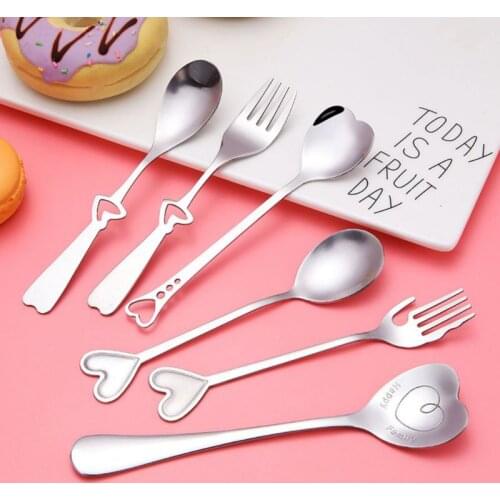 Stainless Steel Heart Shape Coffee Spoon Long Handle Teaspoon Fork Kitchen Accessories Dessert Sugar Stirring Dinnerware
