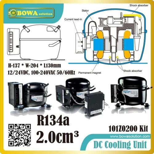 The compressor can be powered with AC and DC,85-240 VAC 50/60 Hz, 12-24 VDC, automatic selection of AC when available