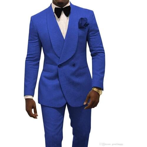 Custom Made Slim Fit Royal Blue Jacquard Prom Party Double Breasted Suit Men Wedding Suits Groom Tuxedos For Men (Jacket+Pants)