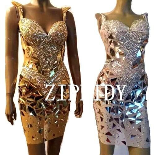 Fashion Sexy 3 Colors Sparkly Silver Gold Sequins Crystals Dress Celebrate Dresses Costume Prom Shining Mirrors Evening Outfit