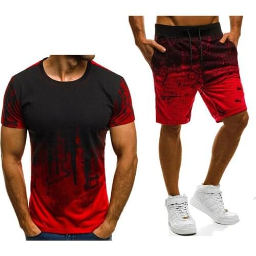 New 2021 Summer Mens short sleeve Gradient Casual Fashion Simple atmosphere Cotton Crew neck T-Shirt Pants Suit 2Pcs a