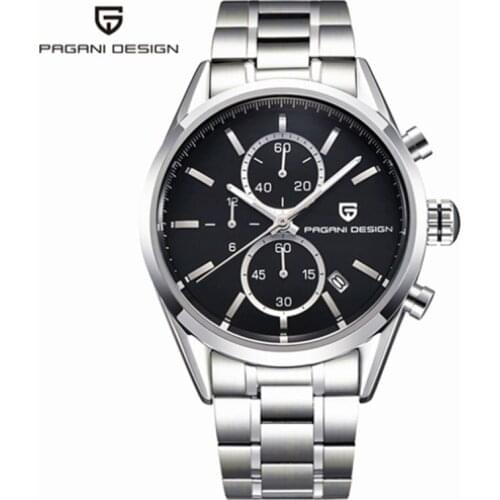 Pagani Design Qaurtz Men Watch Chronograph Leather Strap Stainless Steel Case Calendar Luxury Wristwatch Black/White Dial