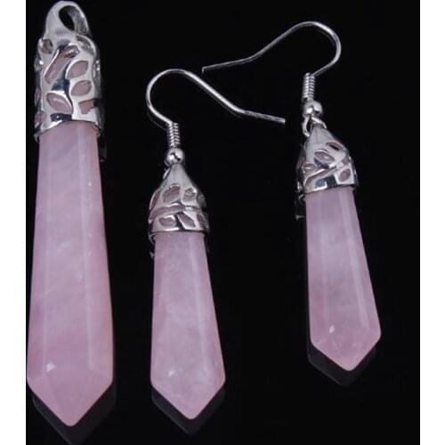 KFT Silver Plated Natural Healing Rose Pink Quartz Hexagon Prism Pendulum Stone Pendant Dangle Earrings Jewelry Sets