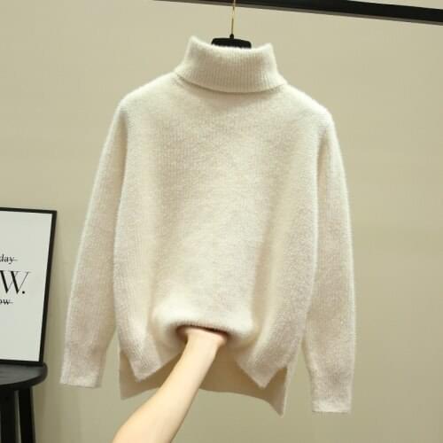 New Autumn Winter Women High Collar Mink White Thickened Loose Bottomed Sweater Womens Pullover