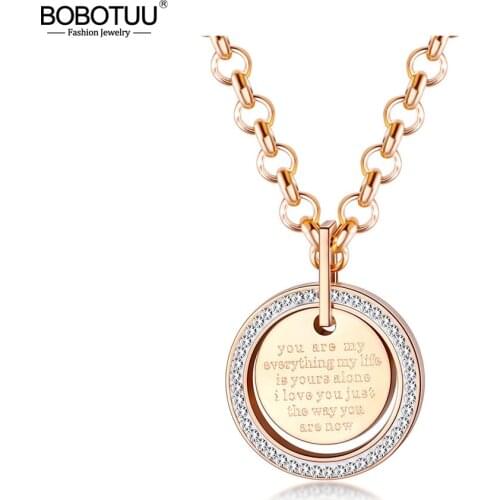 BOBOTUU Classic Letter Geometry Round Card Pendant Necklace Stainless Steel Love You Forever Choker Necklace For Women BN19142