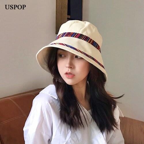 USPOP 2020 Cotton wide brim bucket hats vintage patchwork bohemian bucket hats collapsible cotton sun hats