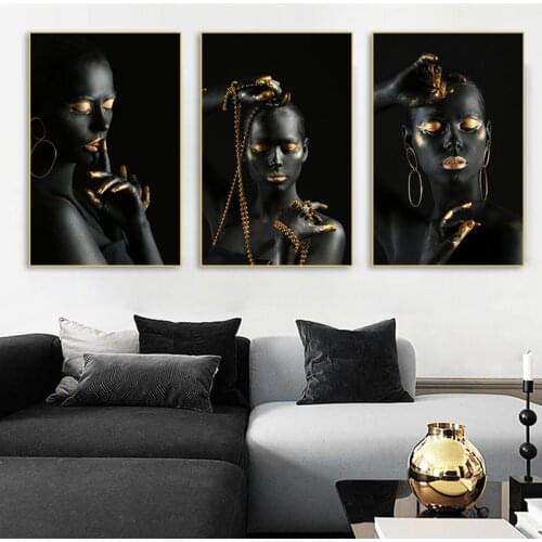 Canvas Print Black Woman With Golden Finger And Lips Oil Painting African Women Poster Home Decor Canvas Wall Art Pictures Mural